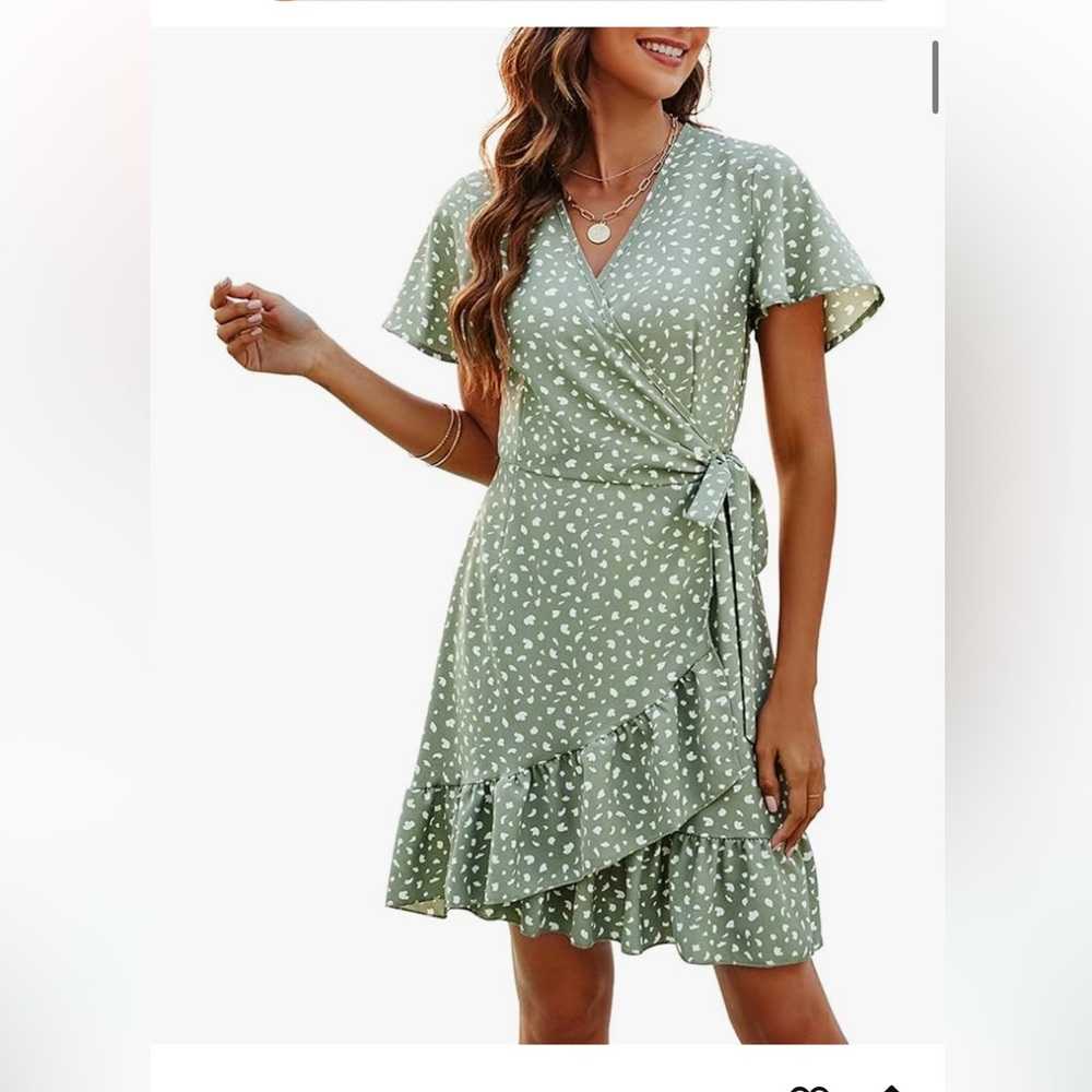 Summer Wrap V Neck Polka Dot Ruffle Short Sleeve Mini Floral Dress with Belt